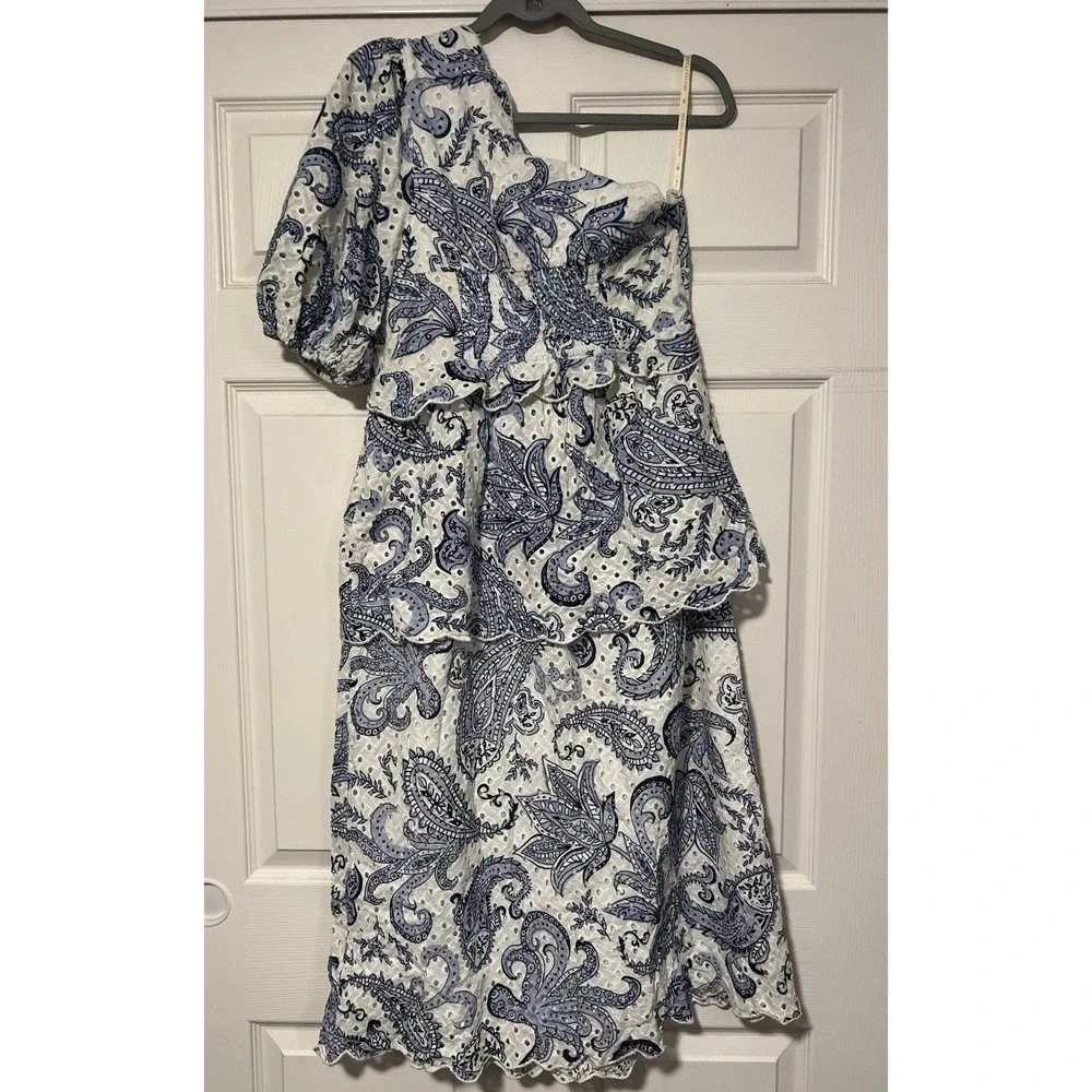 Farm Rio $258 One Shoulder Eyelet Midi‎ Dress White Blue Asymmetric Boho Resort